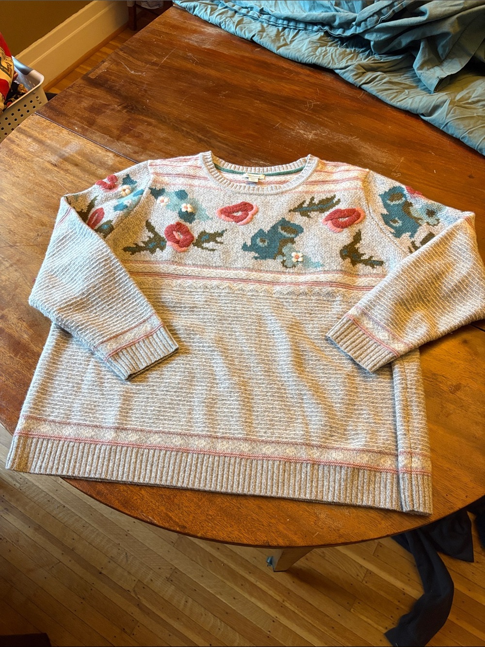 Sundance Cream Crewneck Sweater with Pink and Teal Floral Yoke